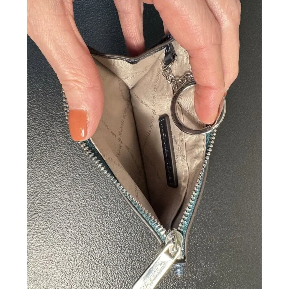 Michael Kors Jet Set Blue Metallic Leather Card Holder Zipper Pouch‎ Key Ring